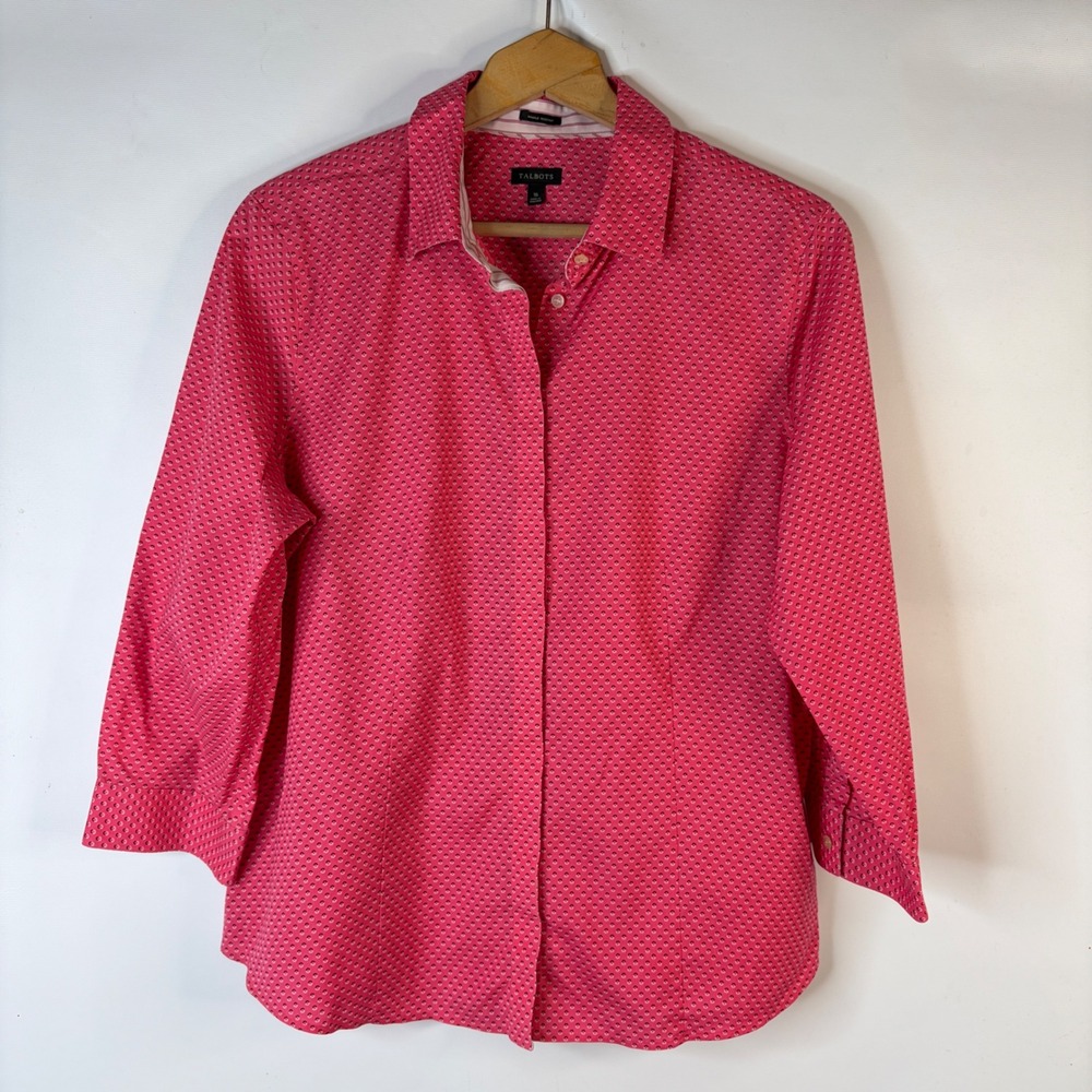 Talbots Button Down Shirt Womens 16 Pink Wrinkle Resistant 3/4 Sleeve Geometric